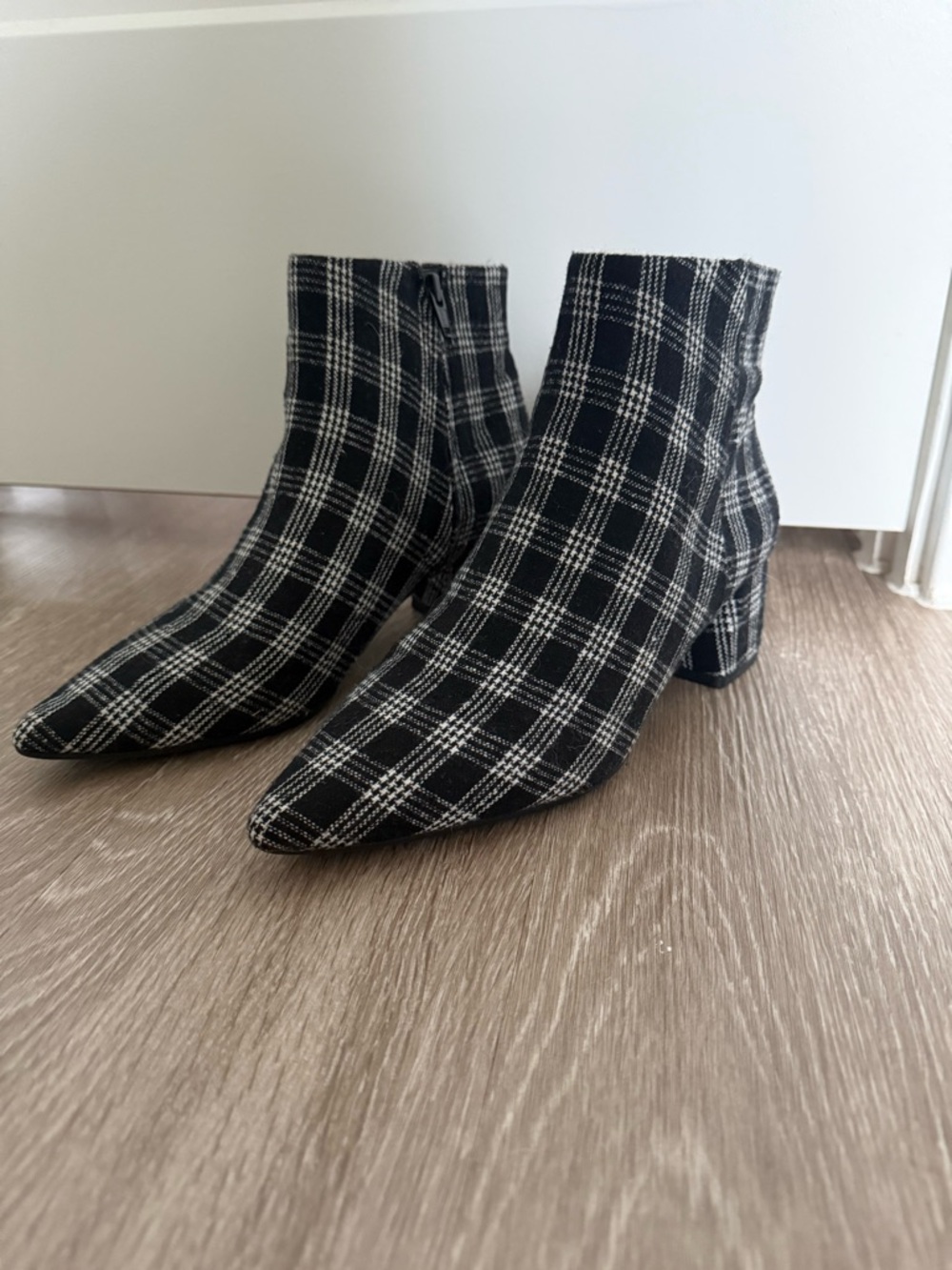 Alex Marie Black & White Plaid Pointed Ankle Boots